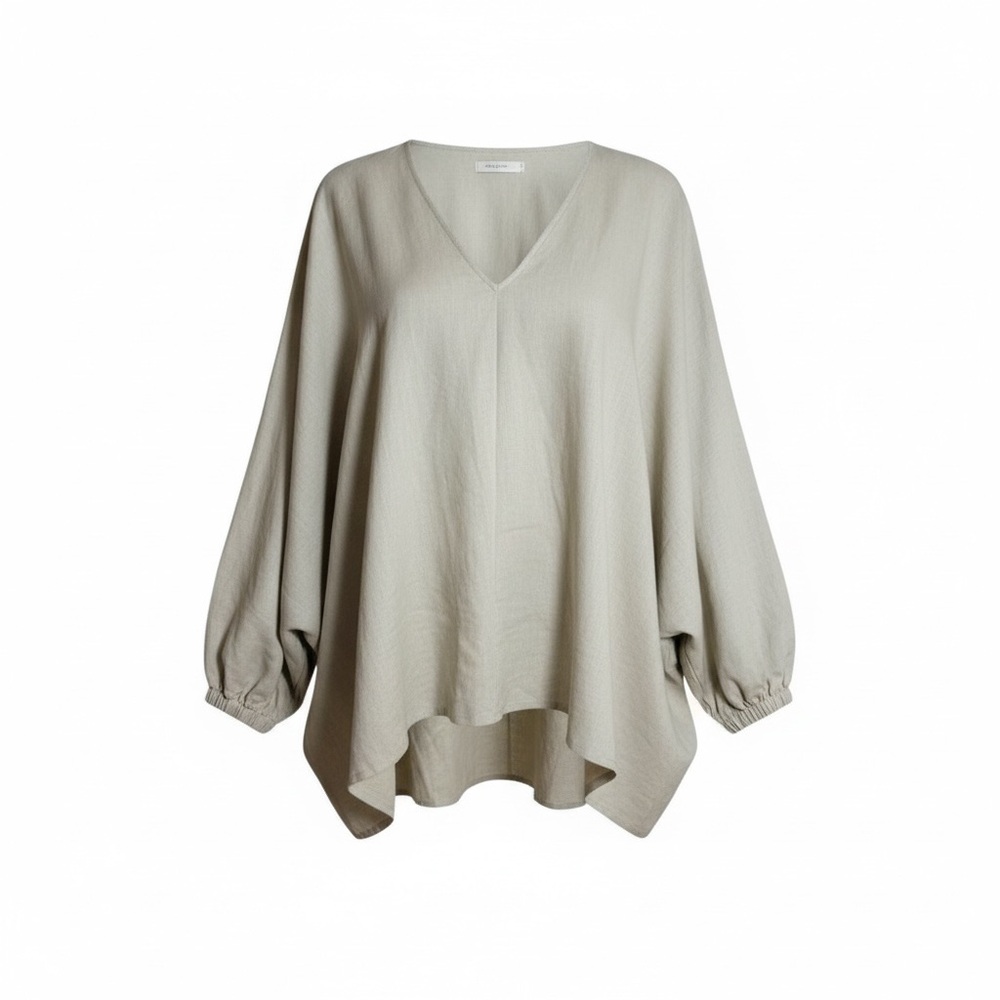 LUXMII Linen Top Women M/L Beige V-Neck Batwing Sleeve Oversized High-Low Blouse